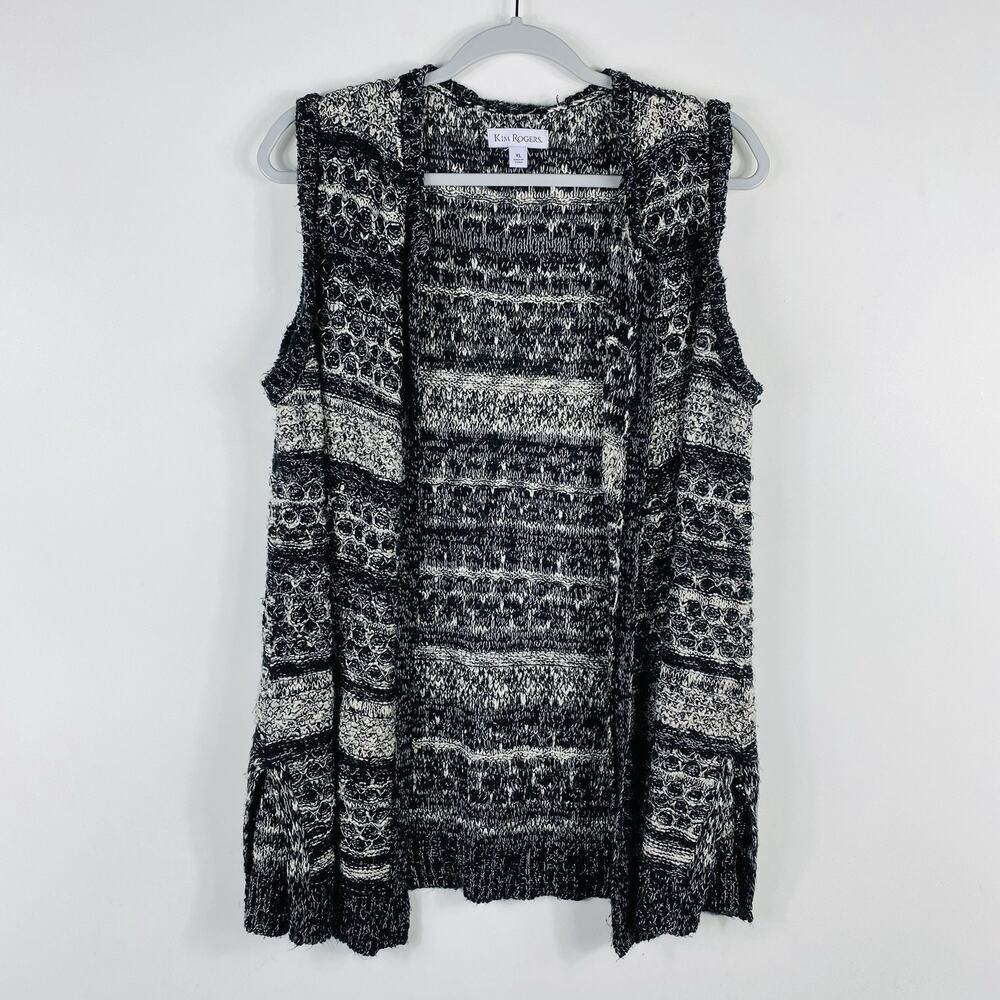 Kim Rogers Vest Sweater XL Open Knit Cardigan Black Cream